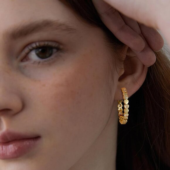 14k Gold Plated 30mm Heart Cubic Zirconia Rhinestone Hoop Earring for Women - Picture 3 of 7